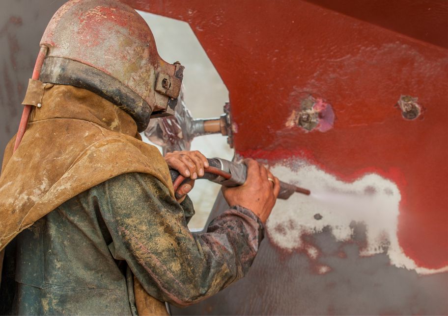 Operator in a protective hood stripping old red paint from a metal surface